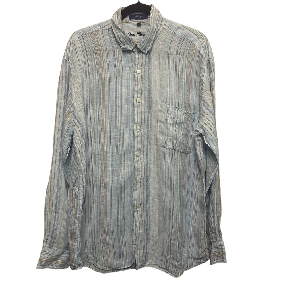 Alan Flusser‎ Linen Men's Large Blue Striped Long Sleeve Button Down Shirt